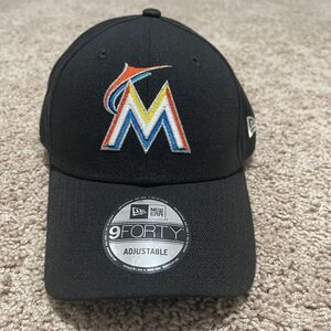 Miami Marlins Hat Black Shiny Classic Logo Embroidered Adjustable Strap MLB Cap